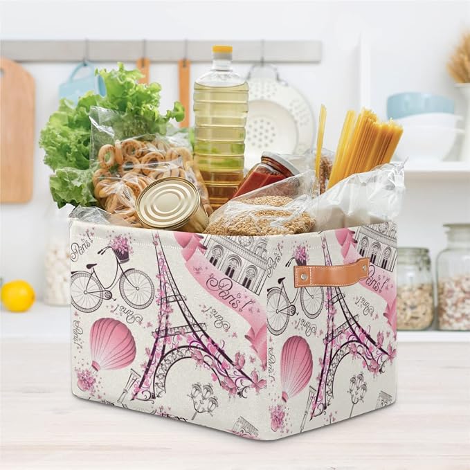 Storage Basket Floral Paris Eiffel Tower, Large Foldable Organizer Storage Bins - Image 8