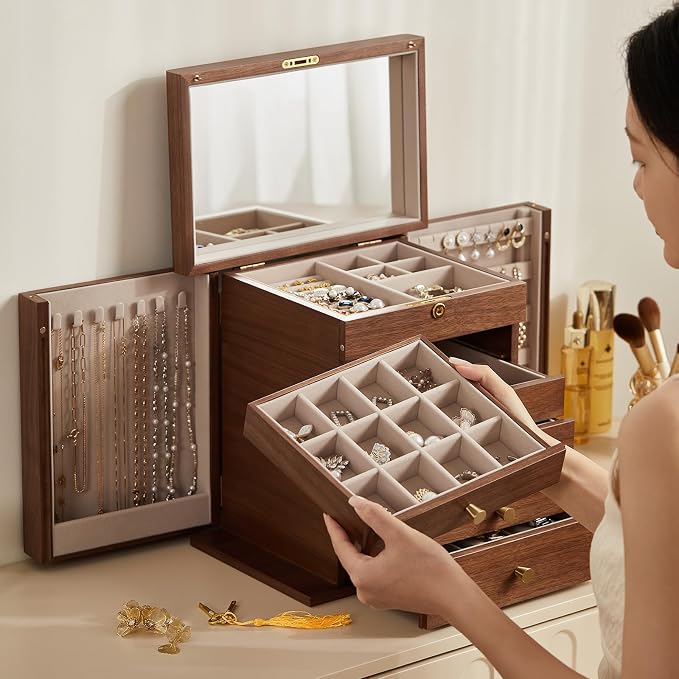 CHOSIN Black Walnut Wooden Jewelry Box, 6-Layer Lockable Wood Jewelry Organizer - Image 7