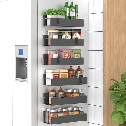 Metal Magnetic Spice Rack for Refrigerator Dark Gray, 6 Pack | Magnetic Shelves by HuggieGems
