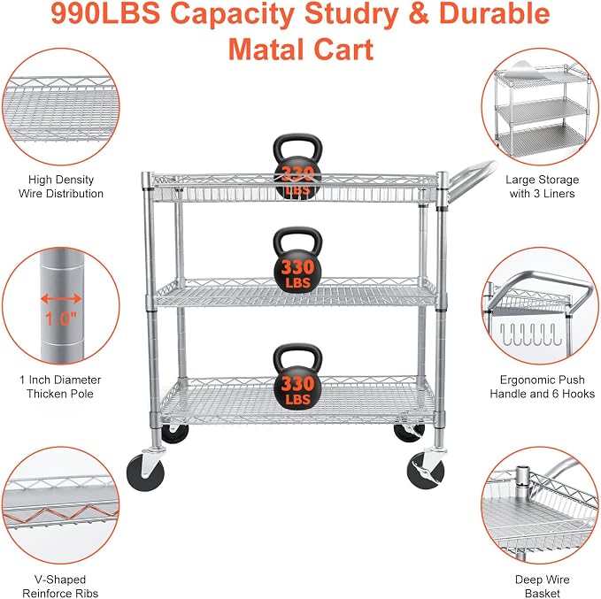 BolDuck Heavy Duty Utility Cart, 990Lbs Capacity 3 Tier Rolling Carts - Image 4