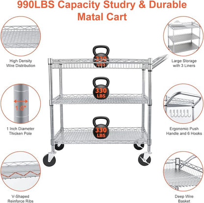 BolDuck Heavy Duty Utility Cart, 990Lbs Capacity 3 Tier Rolling Carts - Image 4