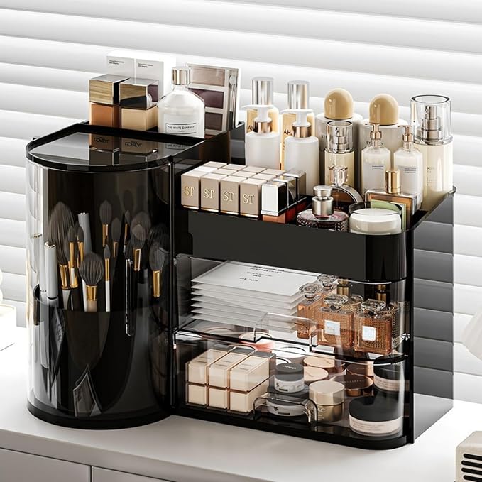 Makeup Organizer with Rotating Brush Holder Cosmetic Organizer with Drawers by Booklov