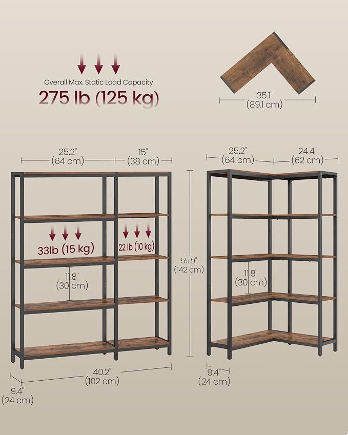 VASAGLE 5 Tier Bookshelf with Metal Frame, Convertible Industrial Corner Shelf - Image 3