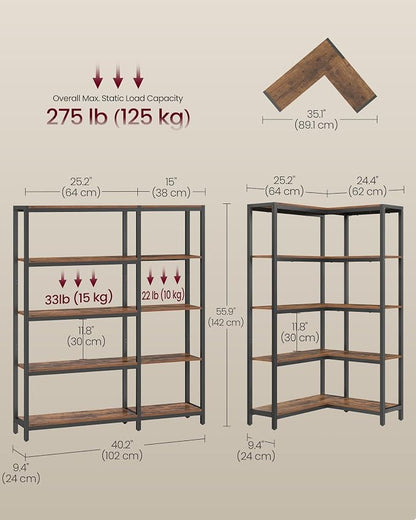 VASAGLE 5 Tier Bookshelf with Metal Frame, Convertible Industrial Corner Shelf - Image 3