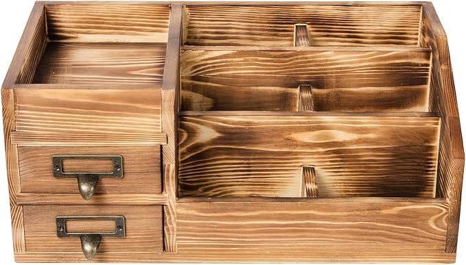 Liry Products Rustic Wooden Desktop Organizer Office Supplies Brown Tabletop - Image 7