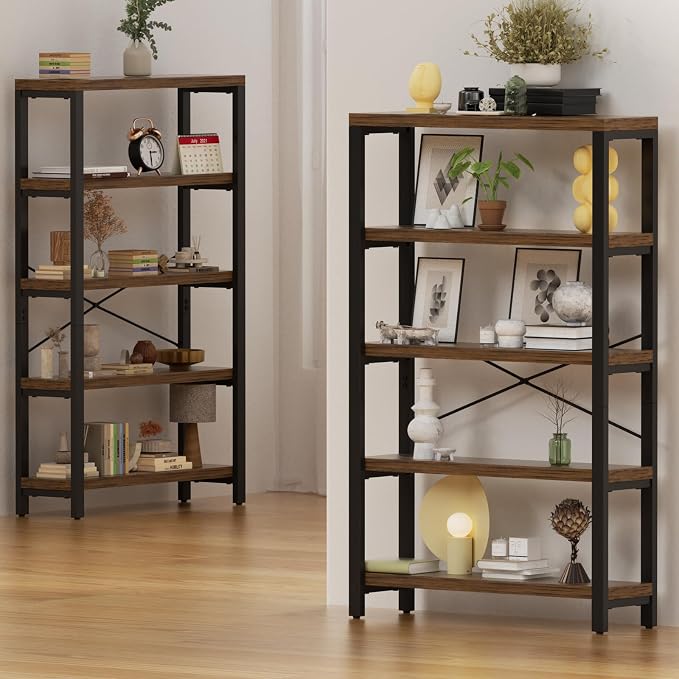5-Tier 39.37" Wide Heavy Duty Bookshelf, Industrial Wood and Metal Bookshelf - Image 6