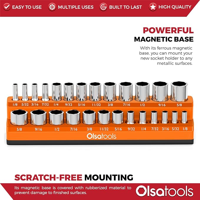 Olsa Tools Magnetic Socket Organizer | 1/4-inch Drive | SAE Orange | Holds 26 - Image 4