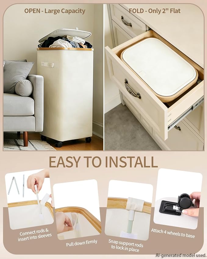 Laundry Hamper with Wheels, 110L Large Clothes Hamper with Removable Inner Bag - Image 4