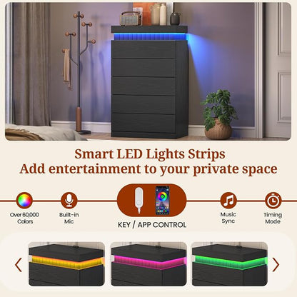 Tall Black 5 Dresser for Bedroom, Sliding Top Storage Space, Modern Wood Drawers - Image 5