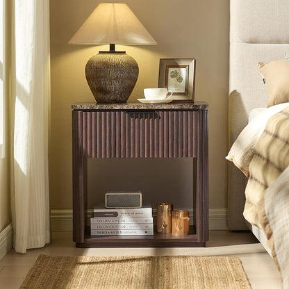 Fluted Nightstand with Drawer, Bedside Table with Faux Marble-Top, Engineered - Image 7