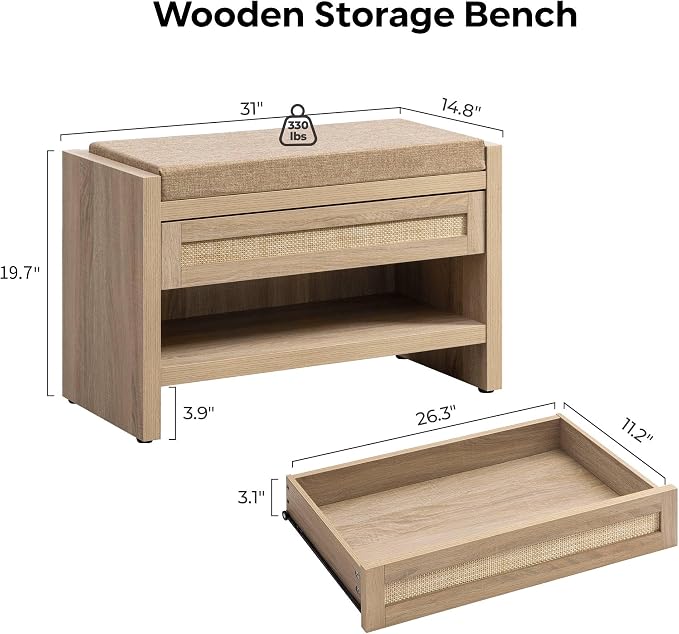 SICOTAS Rattan Shoe Bench Entryway Bench - Image 2