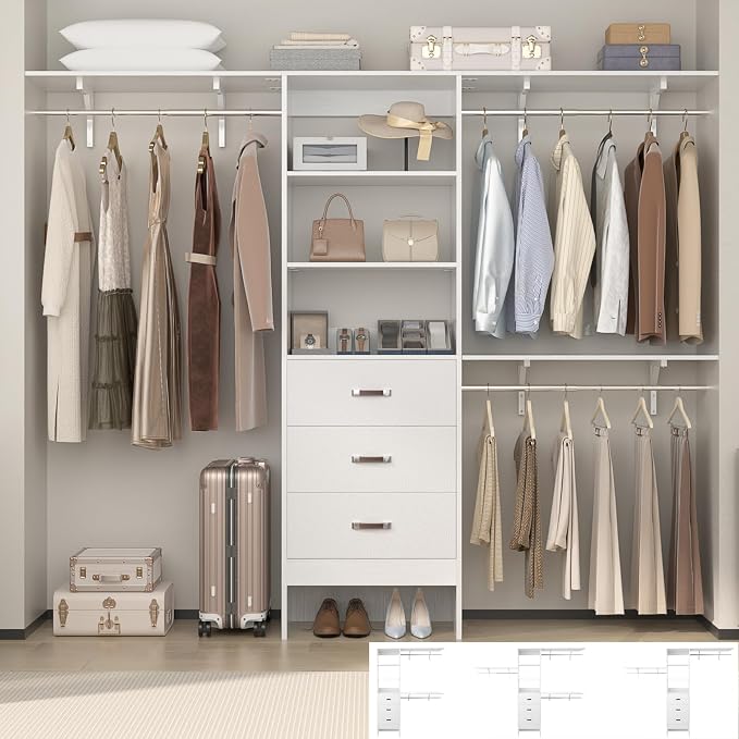 Closet System with 3 Drawers - 8FT Wood Closet Organizer with 3 Shelving Tower by Besiost