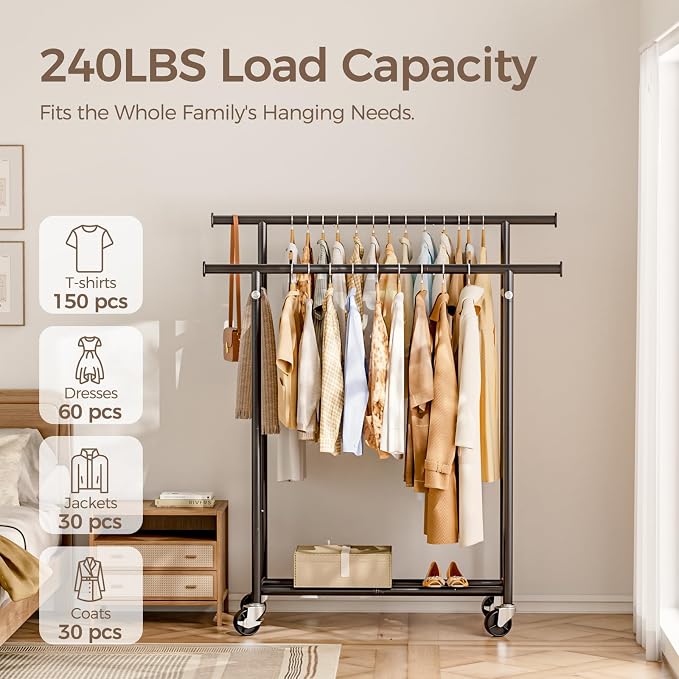 Clothes Rack, Double Rods Rolling Clothing Rack - Image 2