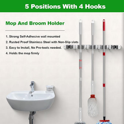 voze 5 Racks and 4 Hooks Mop and Broom Holder Wall Mount, Self Adhesive Heavy - Image 2