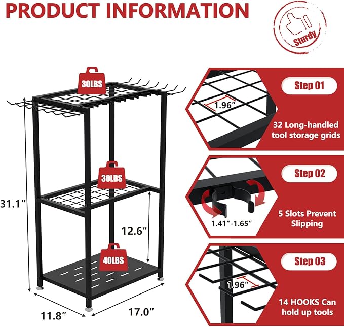 Garden Tool Organizer, 3-Tier Metal Yard Tool Rack - Image 2