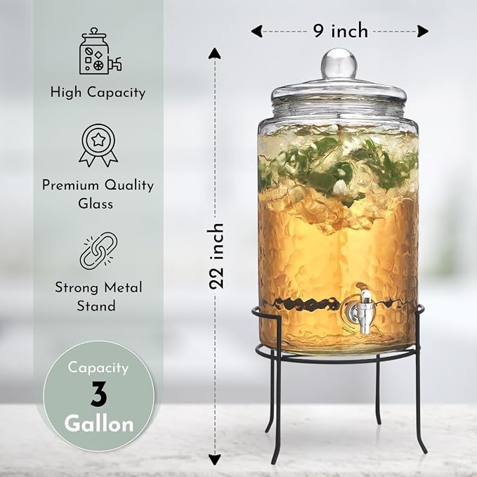 HC Classic Hammered Glass Ice Cold Beverage Drink Dispenser - Image 3