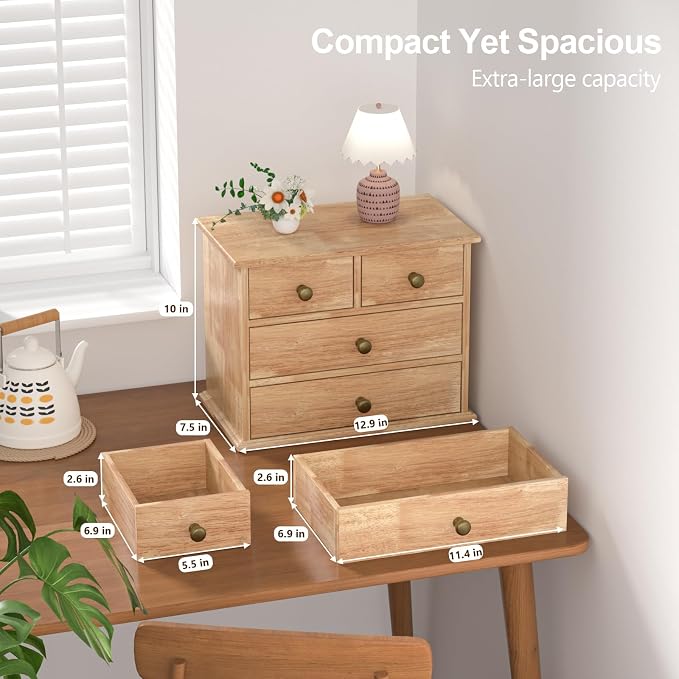 Oak Desk Organizer with Drawers, Durable Wooden Desktop Storage Box | 4 Drawer - Image 2