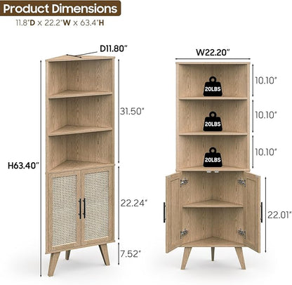 Corner Cabinet with Rattan Doors, Tall Farmhouse Corner Display Shelf with - Image 2