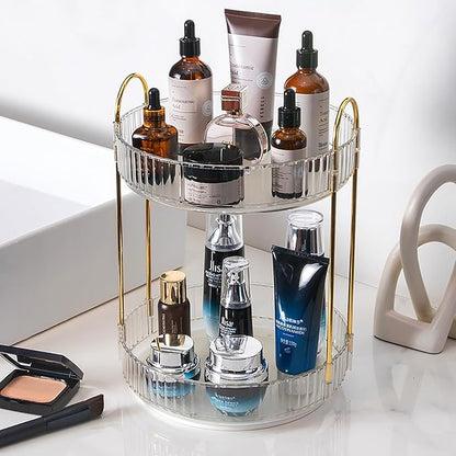Rotating Makeup Organizer Countertop 2 Tier Lazy Susan Trays Clear Skincare by Zufudo