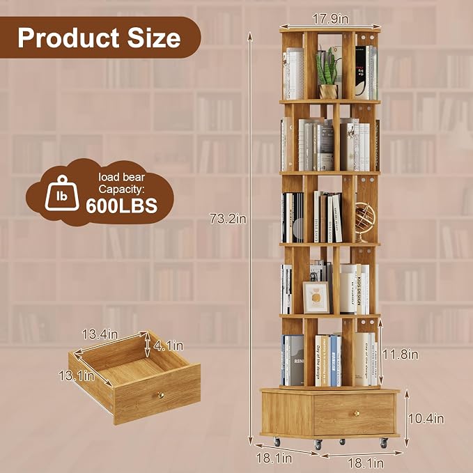 5-Tier Rotating Bookshelf with Drawers on Wheels, 360° Spinning Corner Bookcase - Image 2