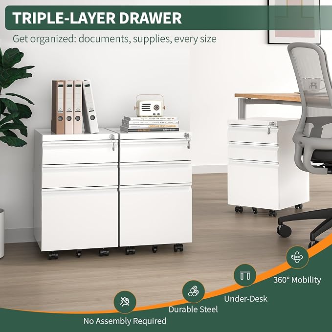 3 Drawer File Cabinet with Lock, Under Desk Rolling Small Filing Cabinet - Image 3