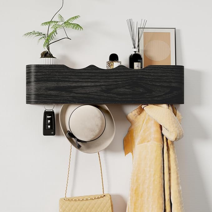 Coat Rack Wall Mount with Shelf 4 Hidden Hooks Modern Wooden Key Holder by Jadoxy