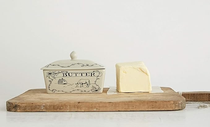 Creative Co-Op Country Stoneware Butter Dish - Image 2