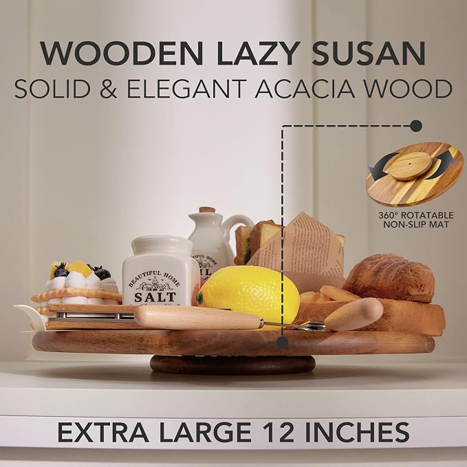 Acacia Wood Lazy Susan Wood Turntable Tray Cabinet Organizer - Image 3