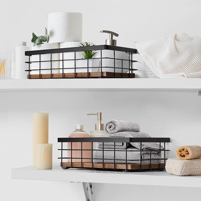 TJ.MOREE Small Metal Wire Basket, Decorative Wood Base Organizer - Image 6