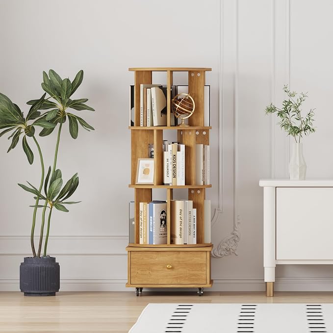 3-Tier Rotating Bookshelf with Drawers on Wheels, 360° Spinning Corner Bookcase - Image 3