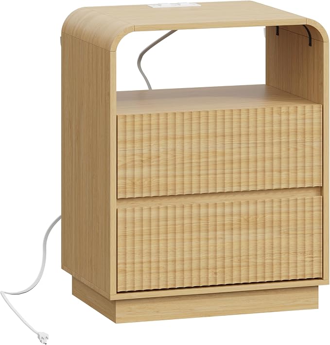 Natural Oak Nightstand with Charging Station, Mid Century Modern Bedside Table - Image 8