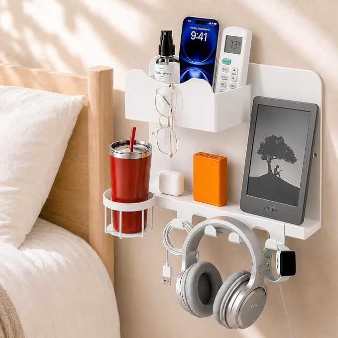 Metal Bedside Wall Shelf, No Drill Floating Bedside Shelf Wall Organizer | by Unknown