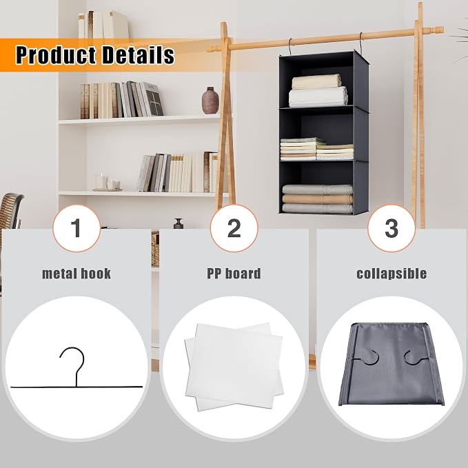 Hanging Closet Organizer and Storage 3-Shelf, Easy Mount Foldable Hanging - Image 6