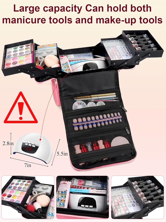 Deciniee Large Pink Makeup Nail Polish Organizer Bag, 4 Tier Professional - Image 4