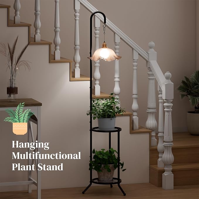 2-Tier Metal Plant Stand with Hanging Hook, Space-Saving Iron Plant Shelf - Image 4