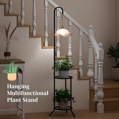 2-Tier Metal Plant Stand with Hanging Hook, Space-Saving Iron Plant Shelf - Image 4