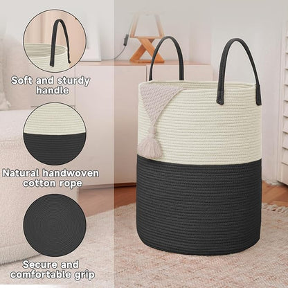 Large Woven Laundry Basket Hamper, 60L Cotton Rope Storage Bin - Image 6