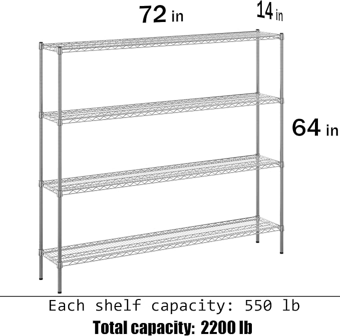 14" Deep x 72" Wide x 64" Height Wire Shelving Kit | 4-Tier | NSF Commercial - Image 3