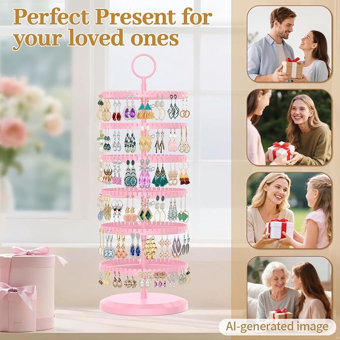 MODOWEY Rotating Earring Holder Organizer Adjustable Display, 6 Tiers Pink | - Image 6