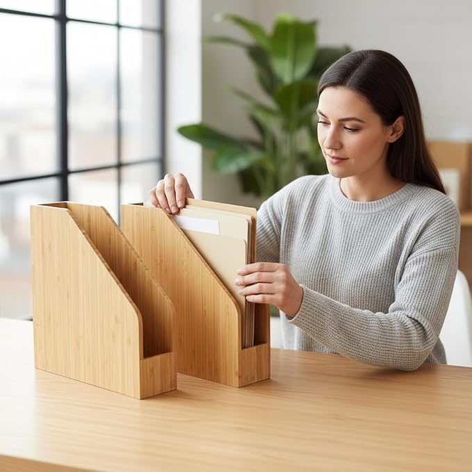 2 Pack Bamboo Magazine File Holder Book Holder Frames | Document Cabinet Rack - Image 5