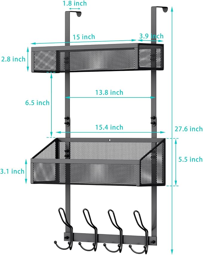 2-Tier Over Door Hook & Basket Organizer 12 Hooks + 2 Mesh Baskets - Image 5
