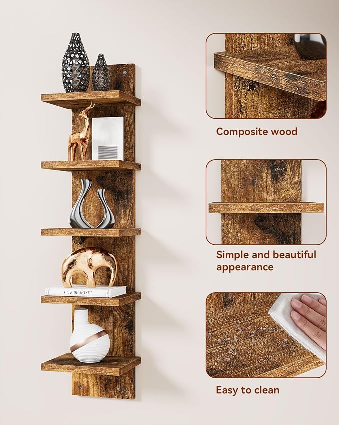 IBUYKE 5 Tier Wall Shelf Unit, Floating Storage Shelf Brown WBC009H-2 | - Image 4