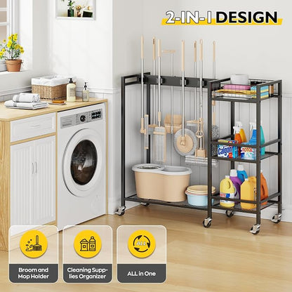 Broom Holder with Cleaning Supplies Organizer, Movable Broom Closet Storage - Image 3