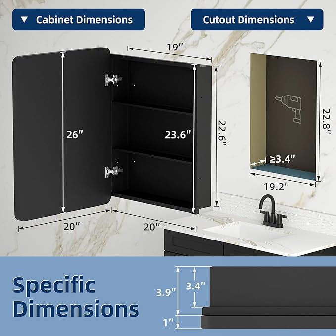 Medicine Cabinet with Mirror, 20x26 Inch Black Bathroom Mirrored Cabinet - Image 3