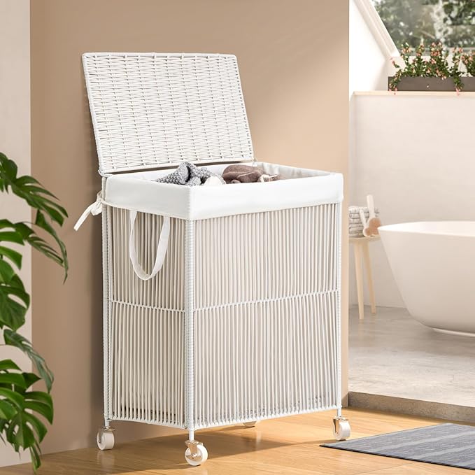WOWLIVE Laundry Hamper with Wheels, Handwoven Rolling Laundry Basket with Lid - Image 2