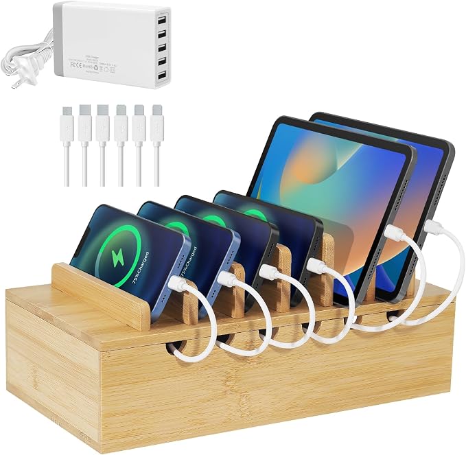 Bamboo Charging Station for Multiple Devices, Upgrade Desk Docking Stations by LEOKKARR