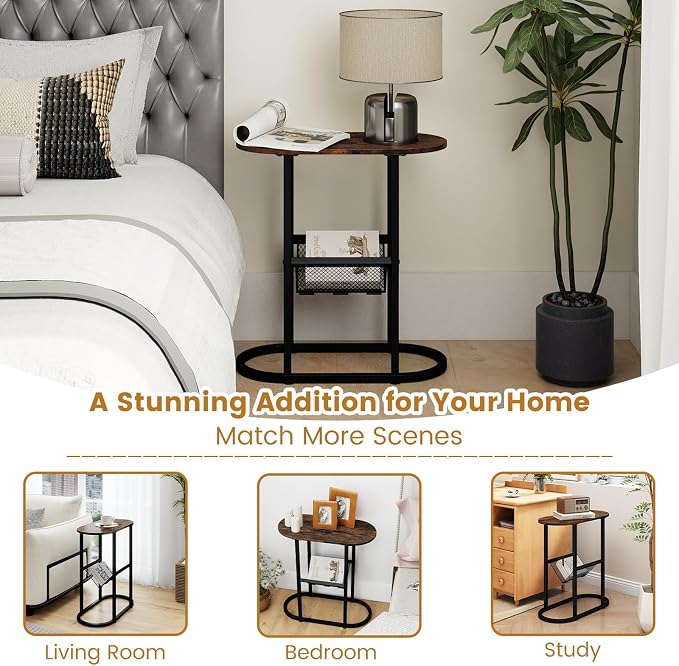 Tangkula Oval Narrow Side Table, 2-Tier End Table w/Mesh Magazine Rack - Image 8