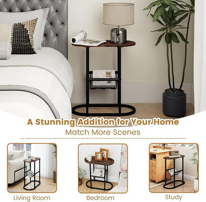 Tangkula Oval Narrow Side Table, 2-Tier End Table w/Mesh Magazine Rack - Image 8