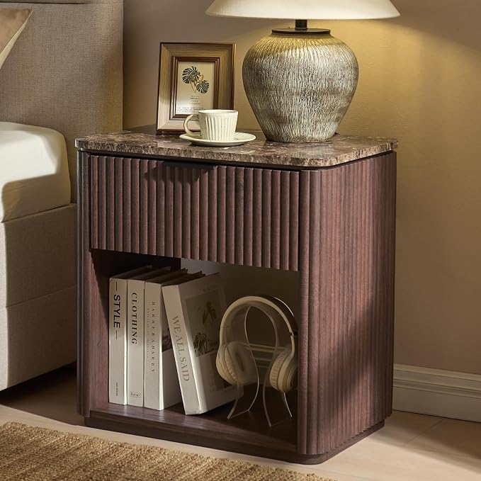 Fluted Nightstand with Drawer, Bedside Table with Faux Marble-Top, Engineered by DelArk