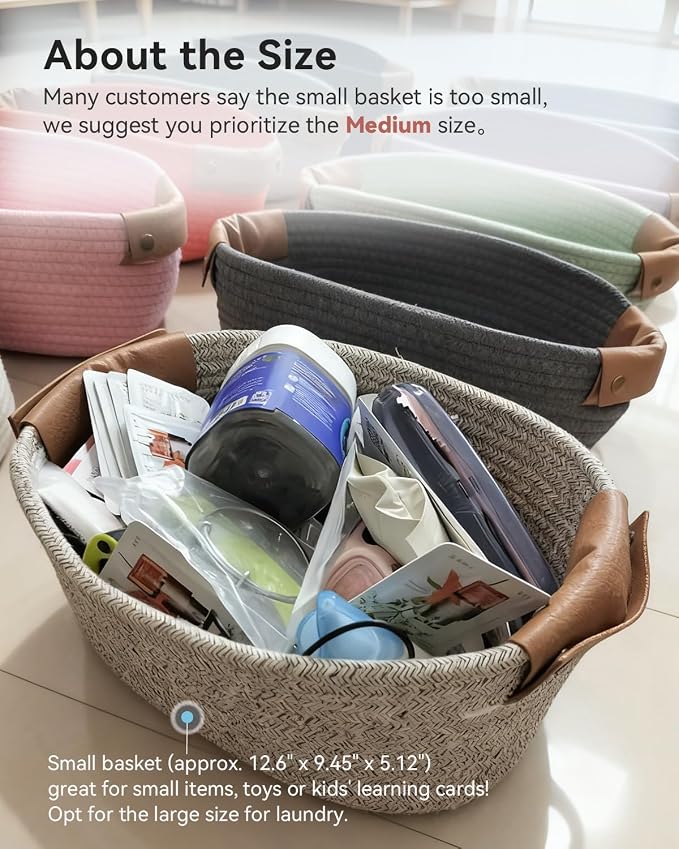 Small Cotton Woven Basket with PU Leather Handle, Baby Kids Clothes Toys Candy - Image 5
